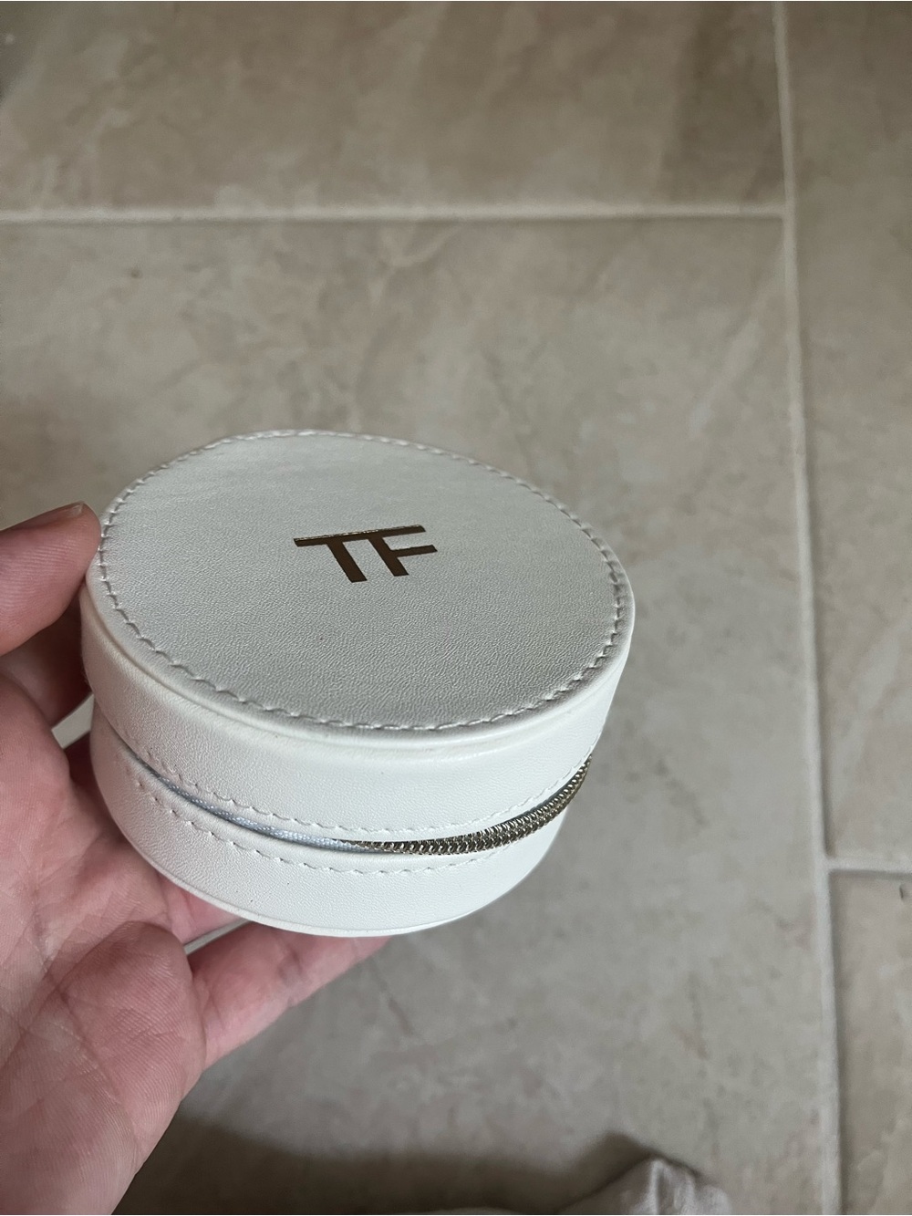 Tom Ford White Round Leather Jewelry Case with Gold TF Logo